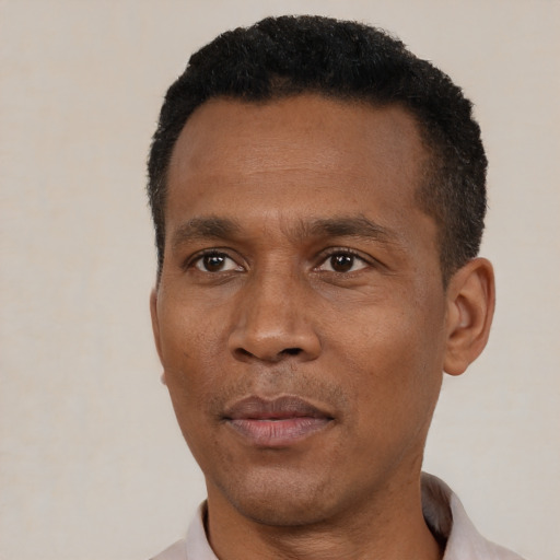 Neutral black adult male with short  black hair and brown eyes
