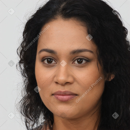 Joyful latino young-adult female with long  black hair and brown eyes