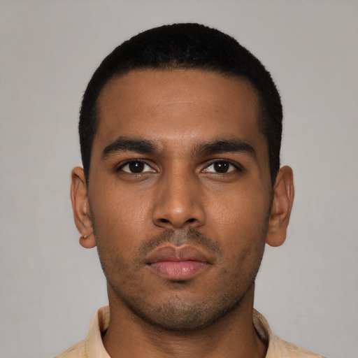 Neutral black young-adult male with short  black hair and brown eyes