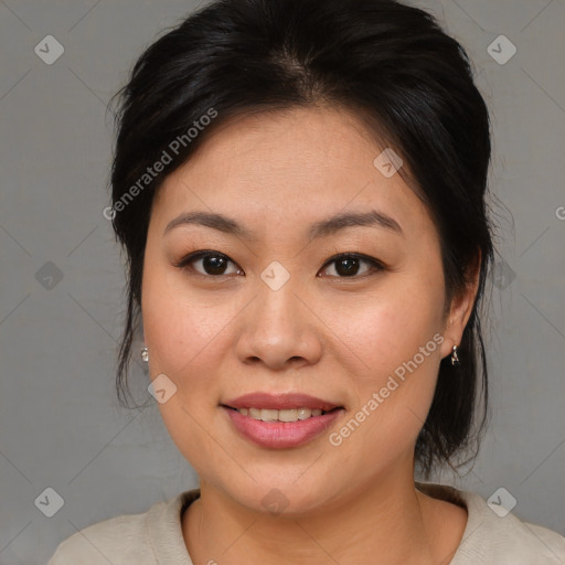 Joyful asian young-adult female with medium  brown hair and brown eyes