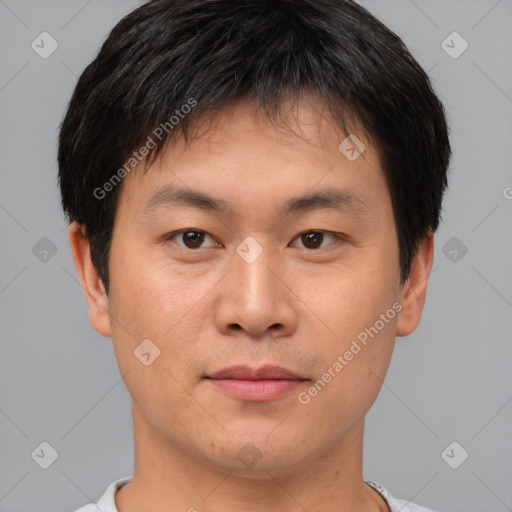 Neutral asian young-adult male with short  brown hair and brown eyes