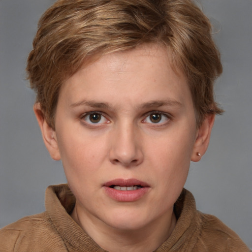 Neutral white young-adult female with short  brown hair and brown eyes