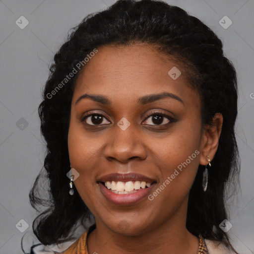 Joyful black young-adult female with medium  black hair and brown eyes