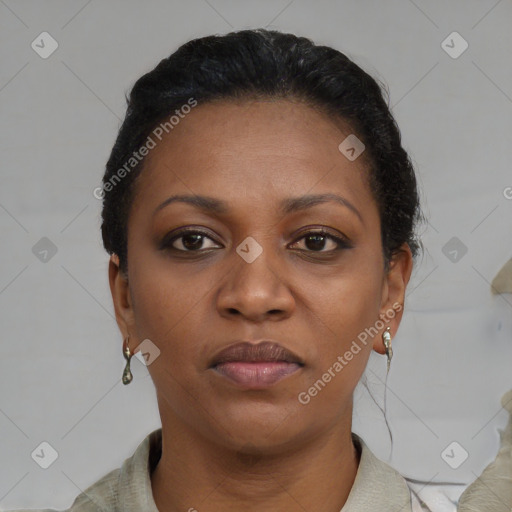 Neutral black young-adult female with short  black hair and brown eyes