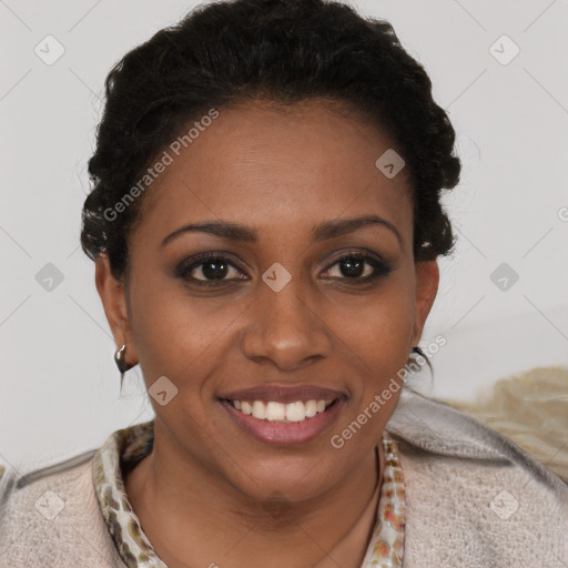 Joyful black young-adult female with short  brown hair and brown eyes