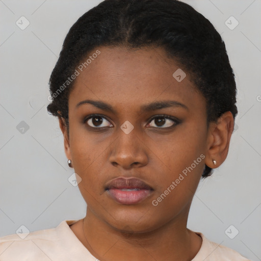 Neutral black young-adult female with short  black hair and brown eyes