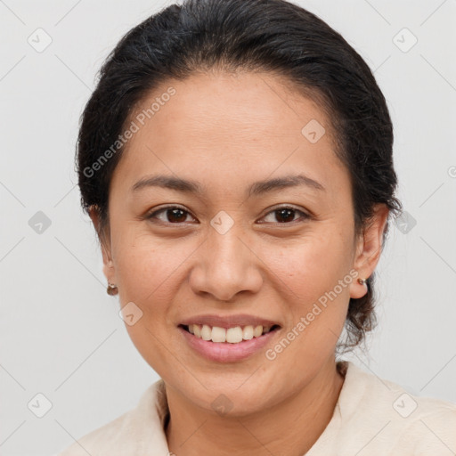 Joyful white young-adult female with medium  brown hair and brown eyes