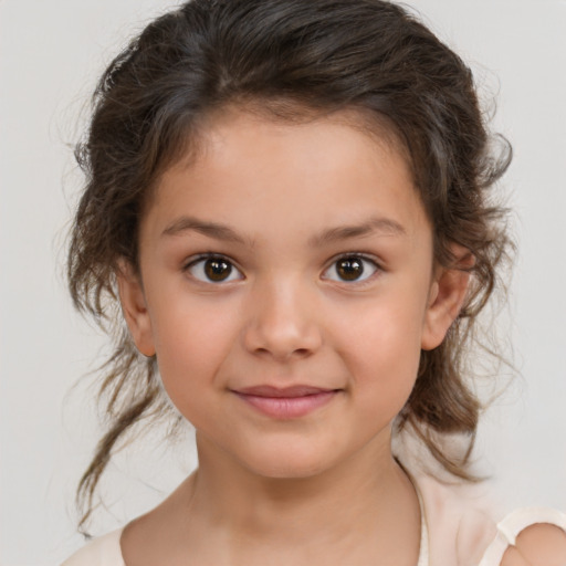 Joyful white child female with medium  brown hair and brown eyes