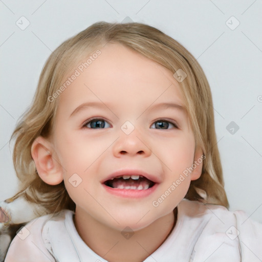 Joyful white child female with medium  brown hair and blue eyes