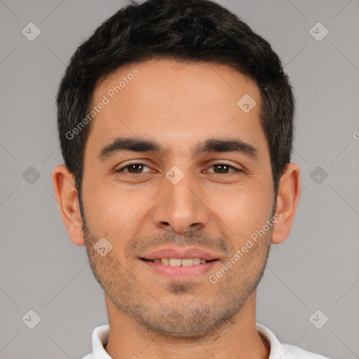 Joyful white young-adult male with short  brown hair and brown eyes