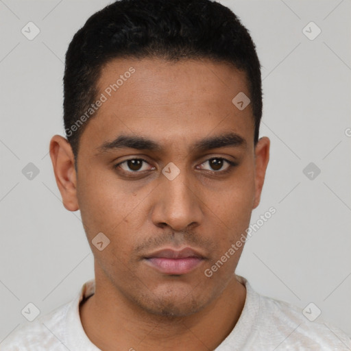 Neutral latino young-adult male with short  black hair and brown eyes