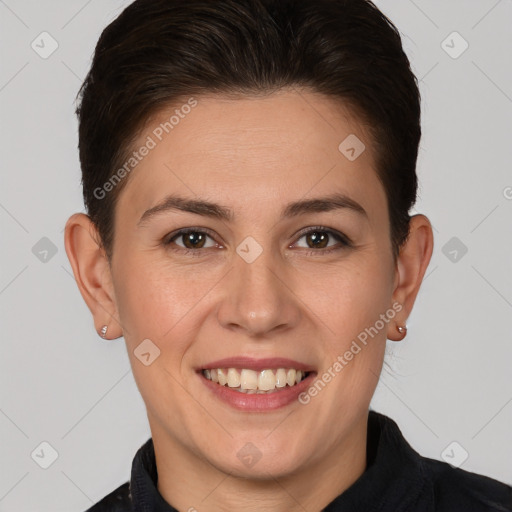 Joyful white young-adult female with short  brown hair and brown eyes