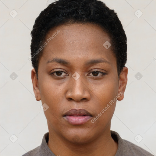 Neutral black young-adult female with short  black hair and brown eyes