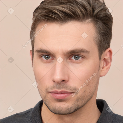 Neutral white young-adult male with short  brown hair and brown eyes