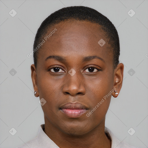 Neutral black young-adult female with short  brown hair and brown eyes