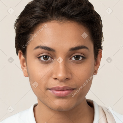 Joyful white young-adult female with short  brown hair and brown eyes