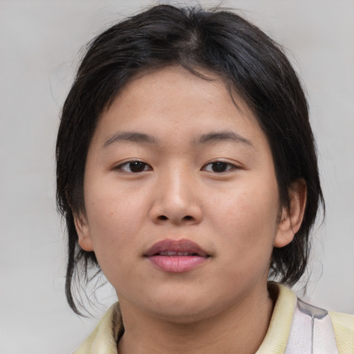 Neutral asian young-adult female with medium  brown hair and brown eyes