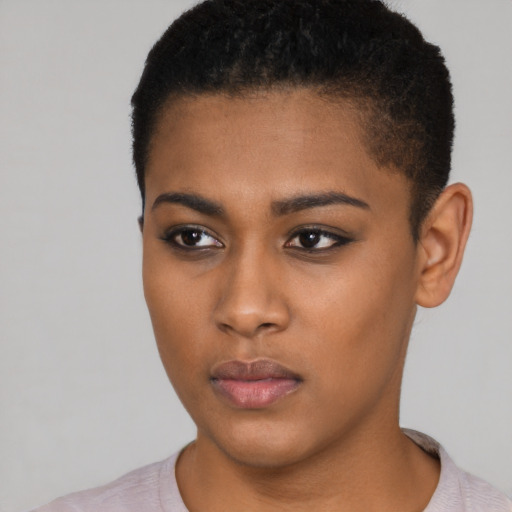 Neutral black young-adult female with short  black hair and brown eyes