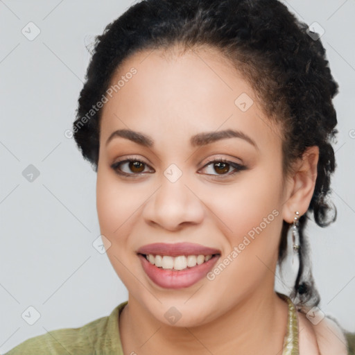 Joyful latino young-adult female with long  brown hair and brown eyes