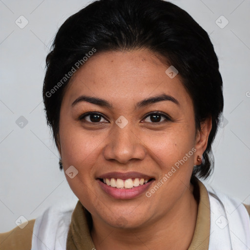 Joyful white young-adult female with medium  brown hair and brown eyes