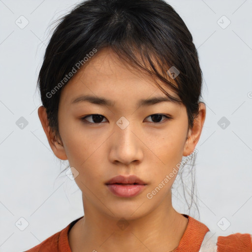 Neutral asian young-adult female with short  brown hair and brown eyes