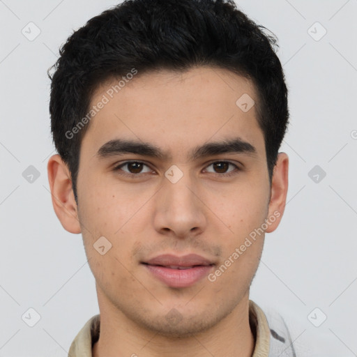 Neutral latino young-adult male with short  brown hair and brown eyes