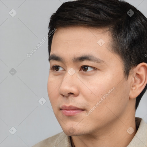 Neutral asian young-adult male with short  black hair and brown eyes