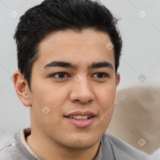 Joyful latino young-adult male with short  brown hair and brown eyes