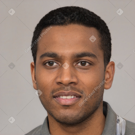 Neutral latino young-adult male with short  black hair and brown eyes