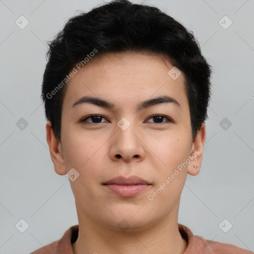 Neutral asian young-adult female with short  brown hair and brown eyes