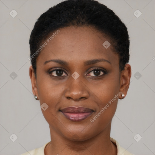 Joyful black young-adult female with short  black hair and brown eyes