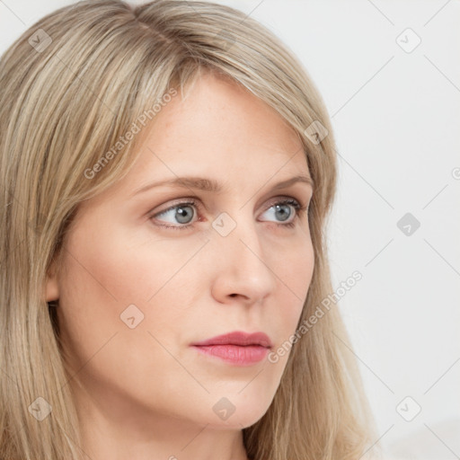 Neutral white young-adult female with long  brown hair and blue eyes