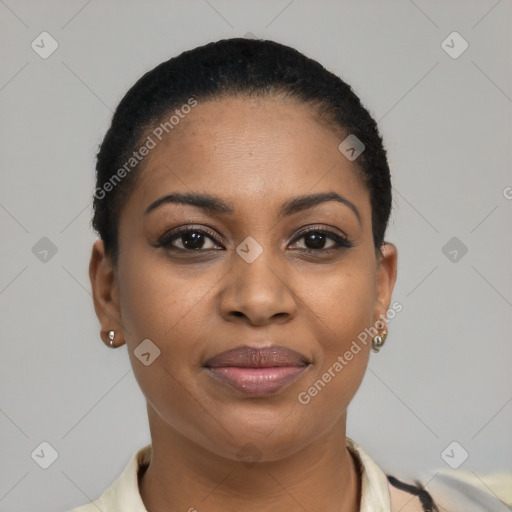 Joyful black young-adult female with short  black hair and brown eyes