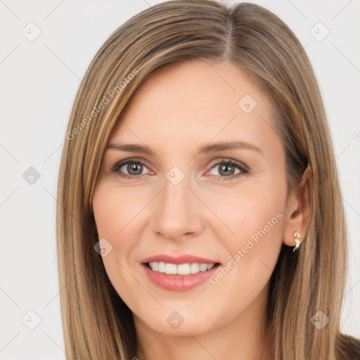 Joyful white young-adult female with long  brown hair and brown eyes