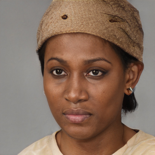 Neutral black young-adult female with short  brown hair and brown eyes