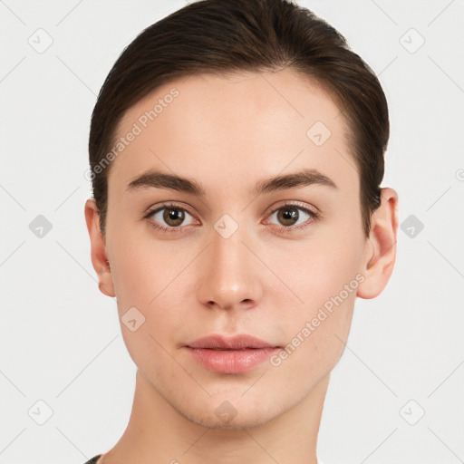 Neutral white young-adult female with short  brown hair and brown eyes