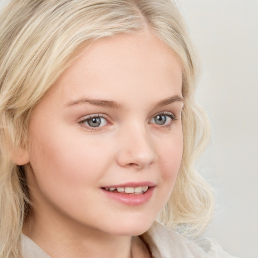 Joyful white young-adult female with medium  blond hair and blue eyes