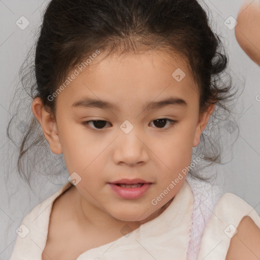 Joyful white child female with medium  brown hair and brown eyes