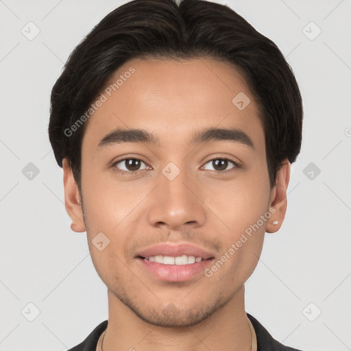 Joyful white young-adult male with short  brown hair and brown eyes