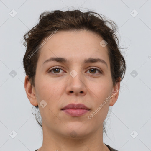 Neutral white young-adult female with short  brown hair and brown eyes