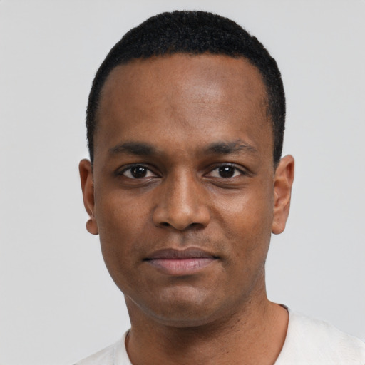 Neutral black young-adult male with short  black hair and brown eyes