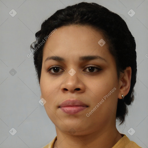 Neutral black young-adult female with short  black hair and brown eyes