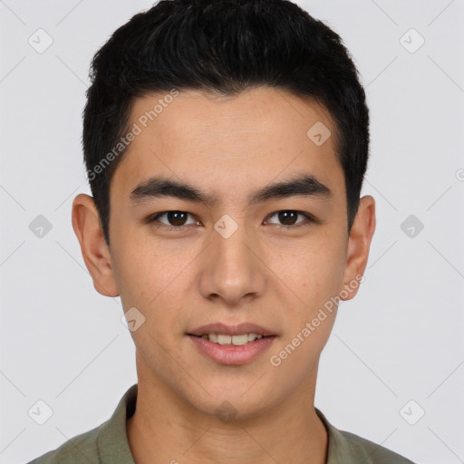 Joyful latino young-adult male with short  brown hair and brown eyes