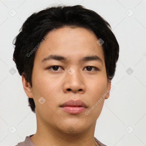 Neutral asian young-adult male with short  black hair and brown eyes