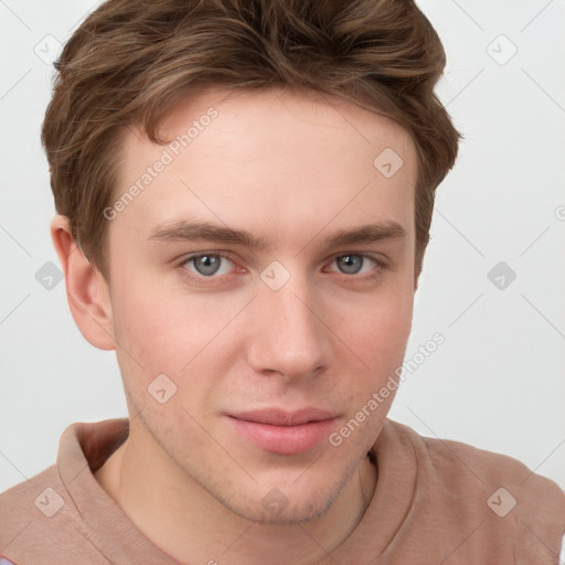 Neutral white young-adult male with short  brown hair and grey eyes