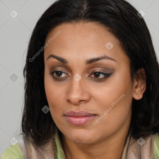 Joyful latino young-adult female with long  brown hair and brown eyes