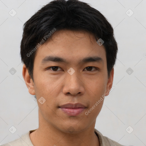 Neutral asian young-adult male with short  brown hair and brown eyes