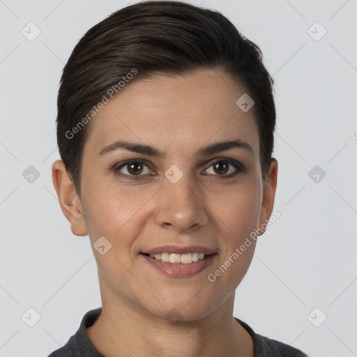 Joyful white young-adult female with short  brown hair and brown eyes
