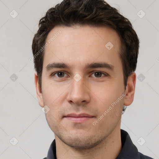 Neutral white young-adult male with short  brown hair and grey eyes