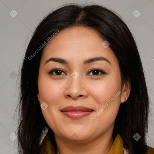 Joyful asian young-adult female with long  brown hair and brown eyes